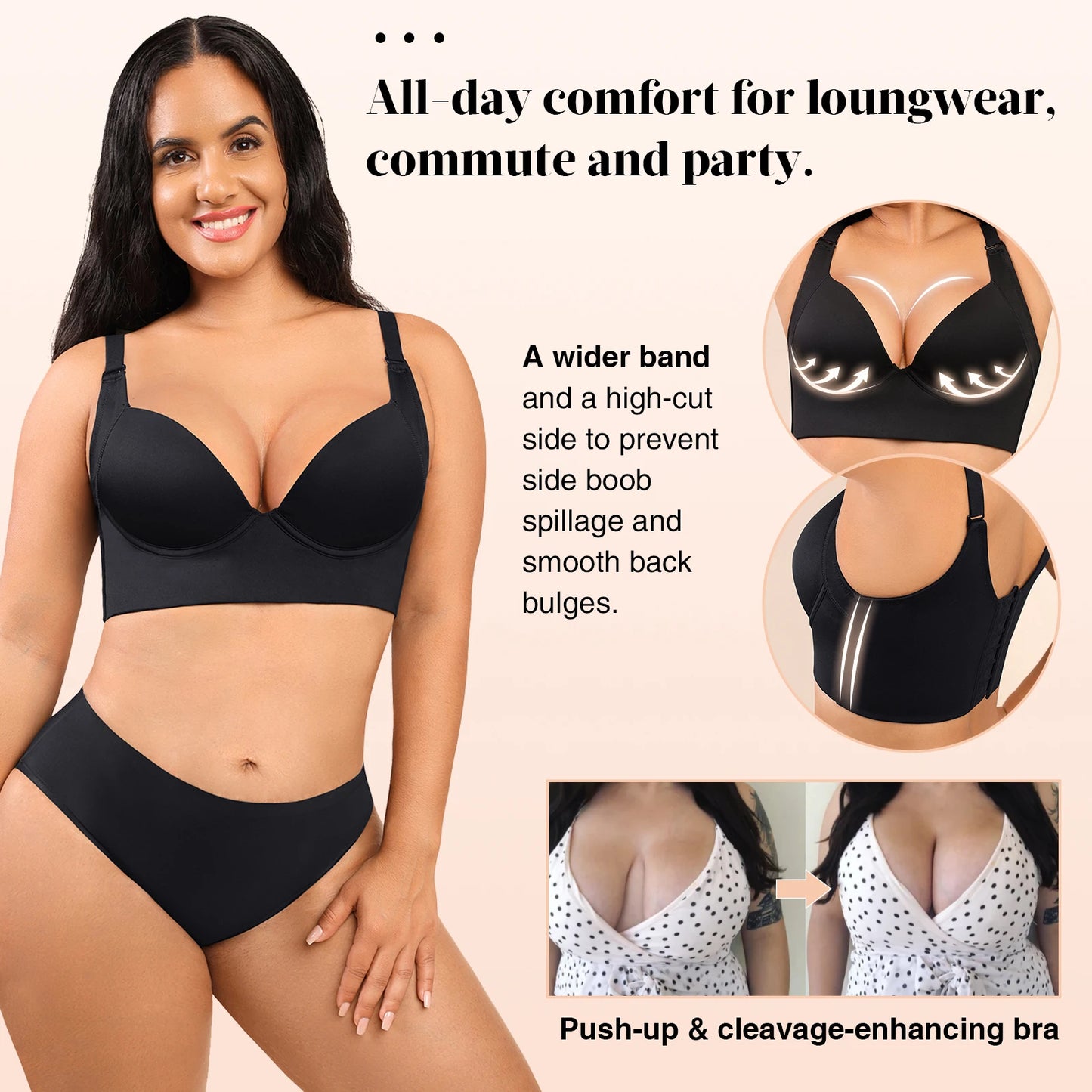 Hexin Seamless Invisible Push-Up Deep Cup Bra with Back Fat Concealment for Plus Size Women