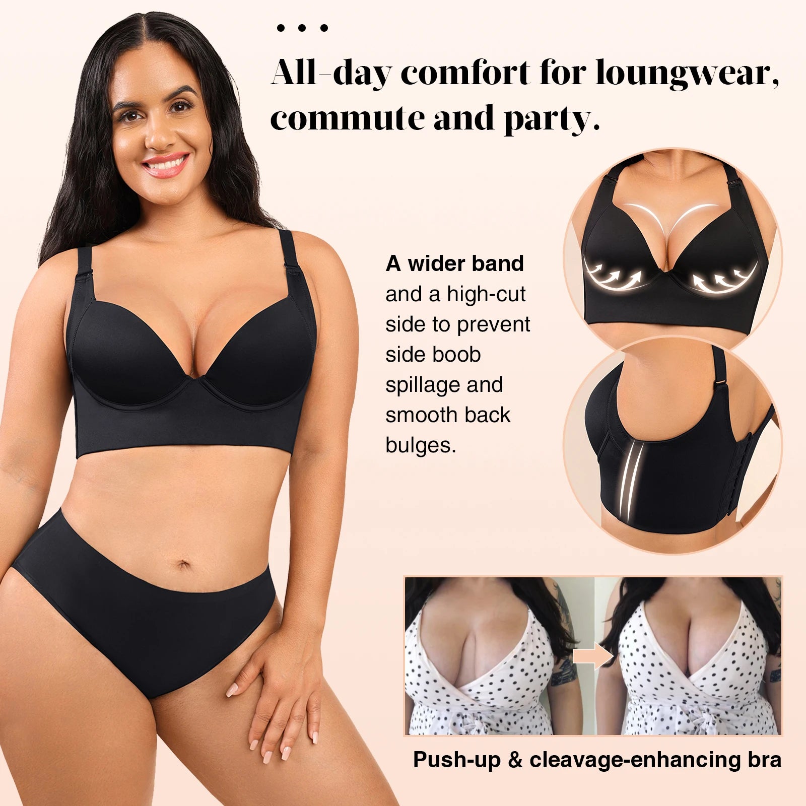 Hexin Seamless Invisible Push-Up Deep Cup Bra with Back Fat Concealment for Plus Size Women