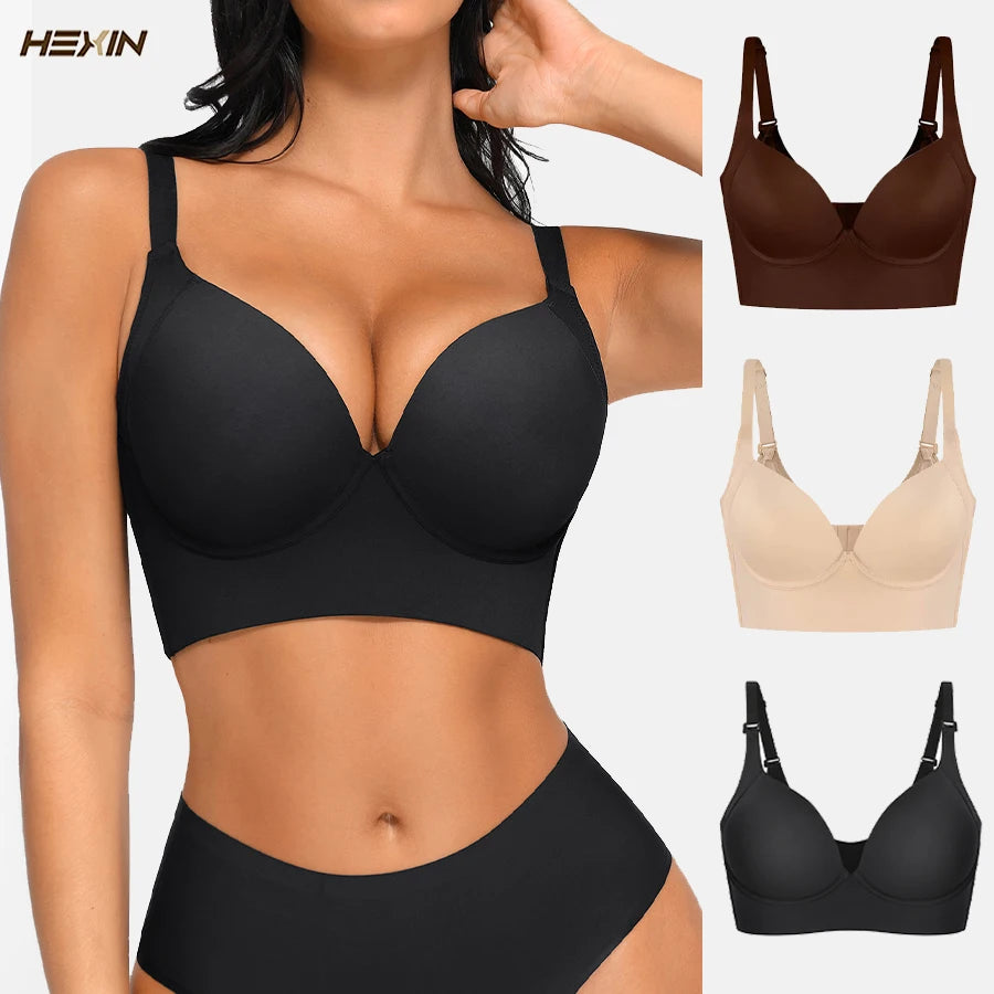 Hexin Seamless Invisible Push-Up Deep Cup Bra with Back Fat Concealment for Plus Size Women