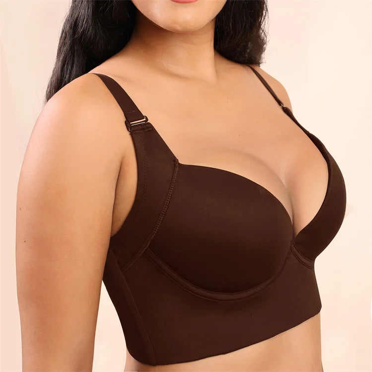 Hexin Seamless Invisible Push-Up Deep Cup Bra with Back Fat Concealment for Plus Size Women