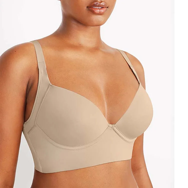Hexin Seamless Invisible Push-Up Deep Cup Bra with Back Fat Concealment for Plus Size Women