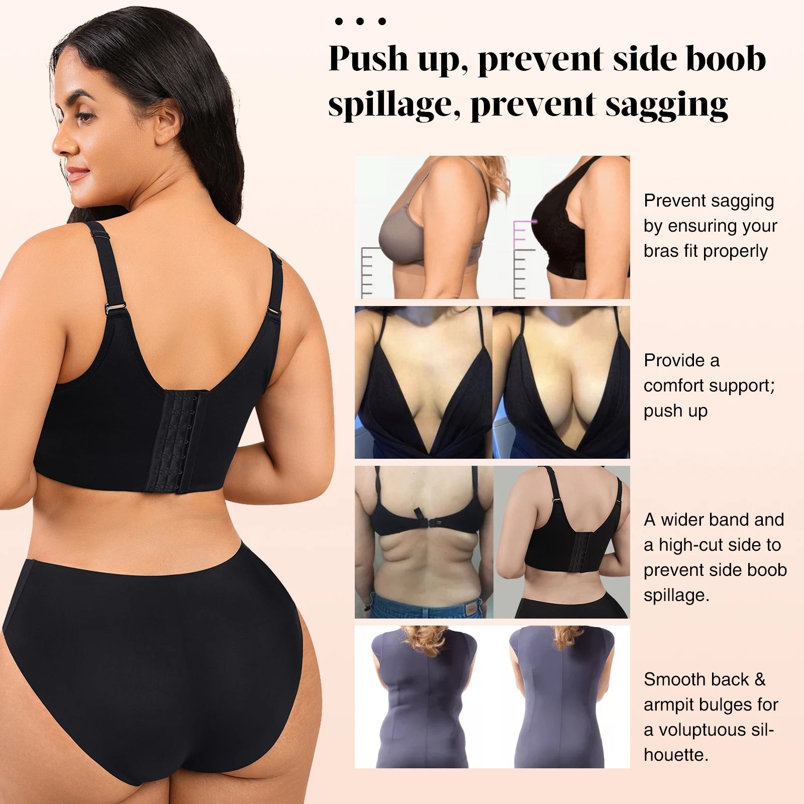 Hexin Seamless Invisible Push-Up Deep Cup Bra with Back Fat Concealment for Plus Size Women