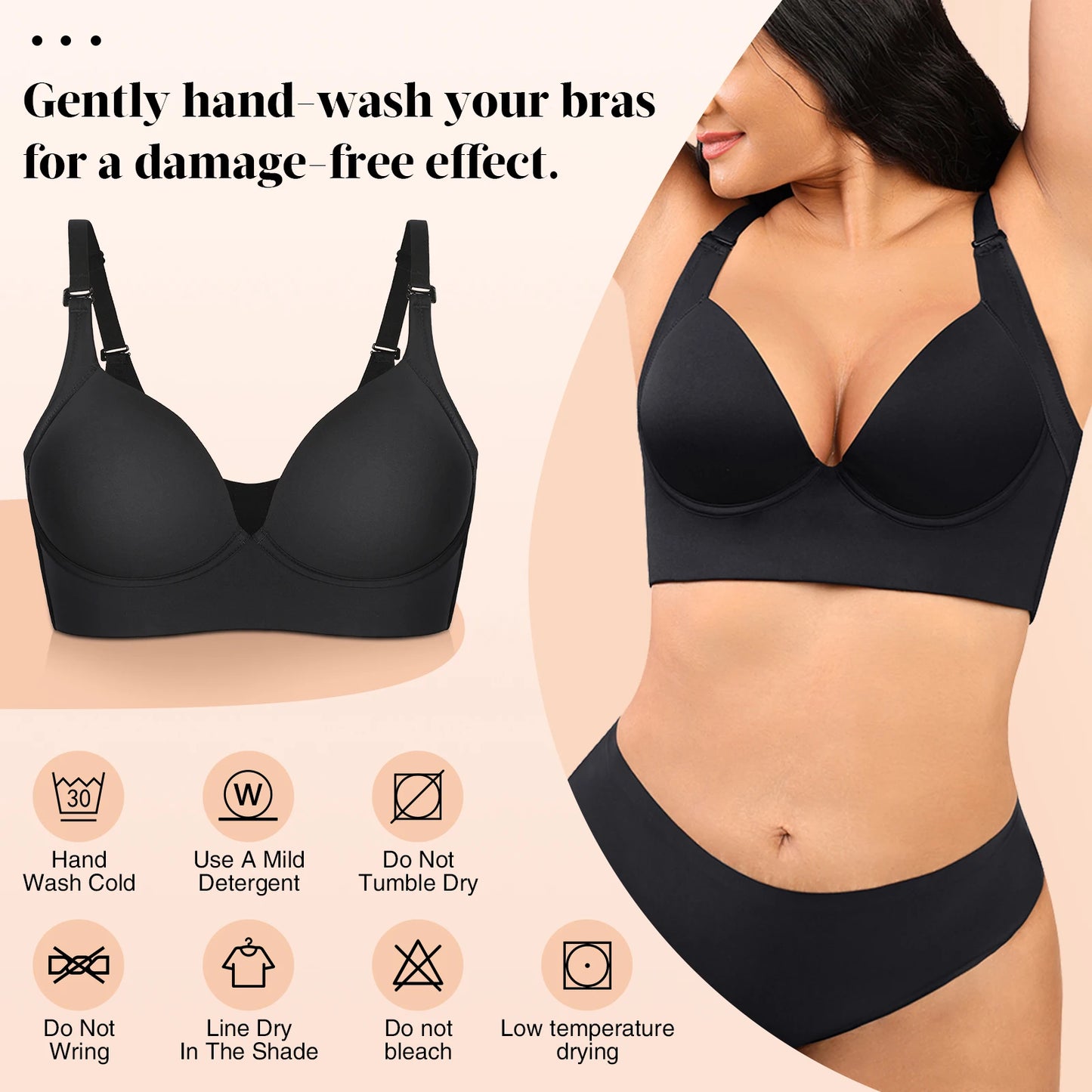 Hexin Seamless Invisible Push-Up Deep Cup Bra with Back Fat Concealment for Plus Size Women