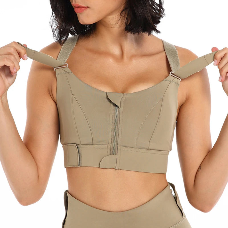 Plus Size Women's Sports Bra with Front Zipper and Adjustable Straps - Shockproof Crop Top Yoga Vest for Gym Fitness