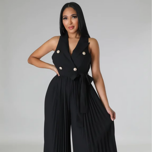 Ohsisa Elegant V-Neck Sleeveless Backless Pleated Wide Leg Jumpsuit for Women - Summer Collection