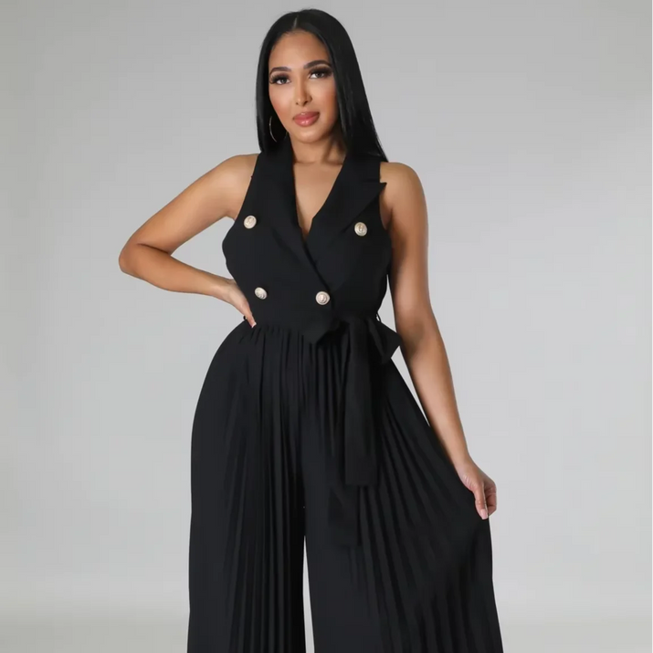 Ohsisa Elegant V-Neck Sleeveless Backless Pleated Wide Leg Jumpsuit for Women - Summer Collection