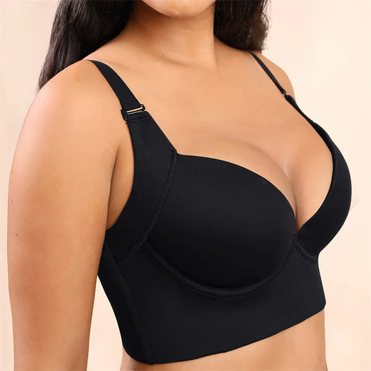 Hexin Seamless Invisible Push-Up Deep Cup Bra with Back Fat Concealment for Plus Size Women