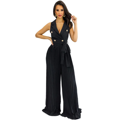 Ohsisa Elegant V-Neck Sleeveless Backless Pleated Wide Leg Jumpsuit for Women - Summer Collection