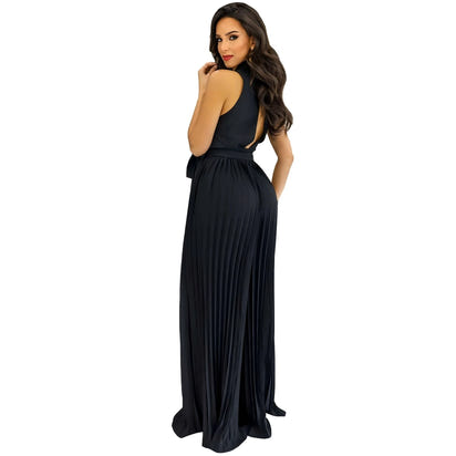 Ohsisa Elegant V-Neck Sleeveless Backless Pleated Wide Leg Jumpsuit for Women - Summer Collection