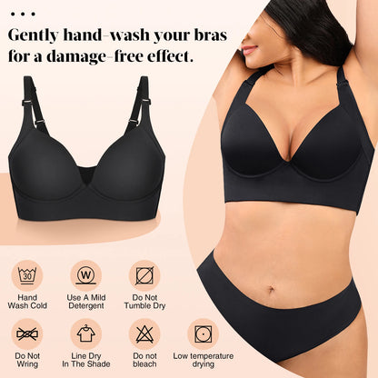 Hexin Seamless Invisible Push-Up Deep Cup Bra with Back Fat Concealment for Plus Size Women
