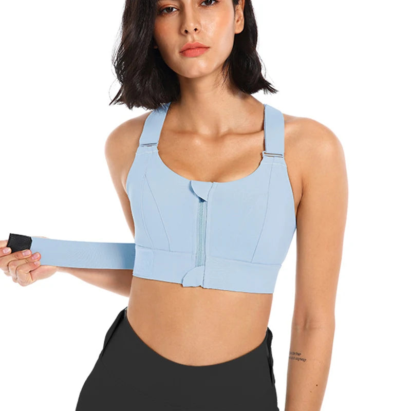 Plus Size Women's Sports Bra with Front Zipper and Adjustable Straps - Shockproof Crop Top Yoga Vest for Gym Fitness